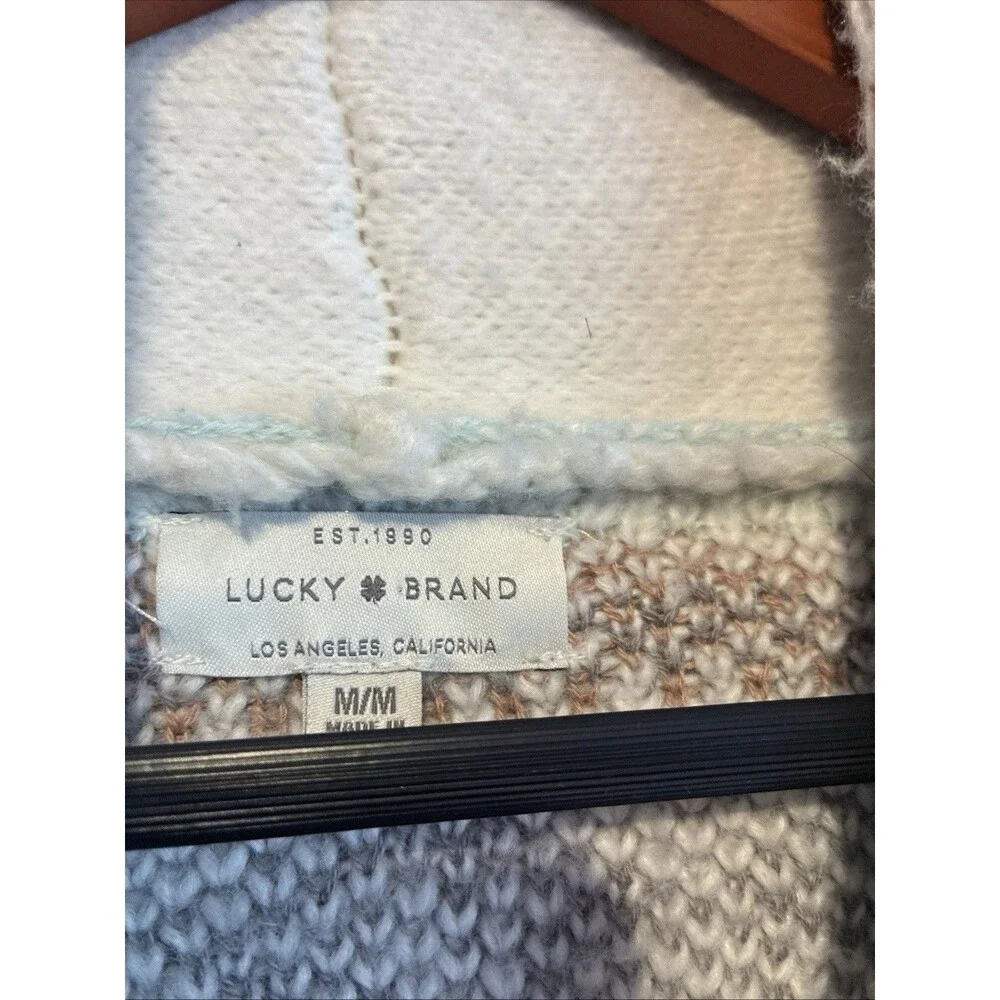 LUCKY BRAND Beige Fair Isle Print Open Front Tie Cardigan Sweater Womens size M - Picture 6 of 13